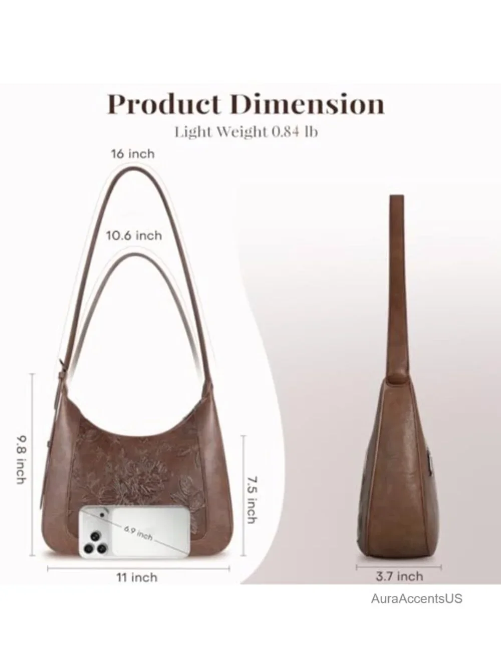 Floral Embossed Vegan Leather Crescent Hobo Bag with Adjustable Strap